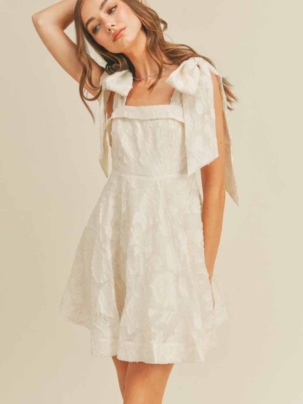 NW MABLE Ivory Tie-Shoulder Textured Mini Dress